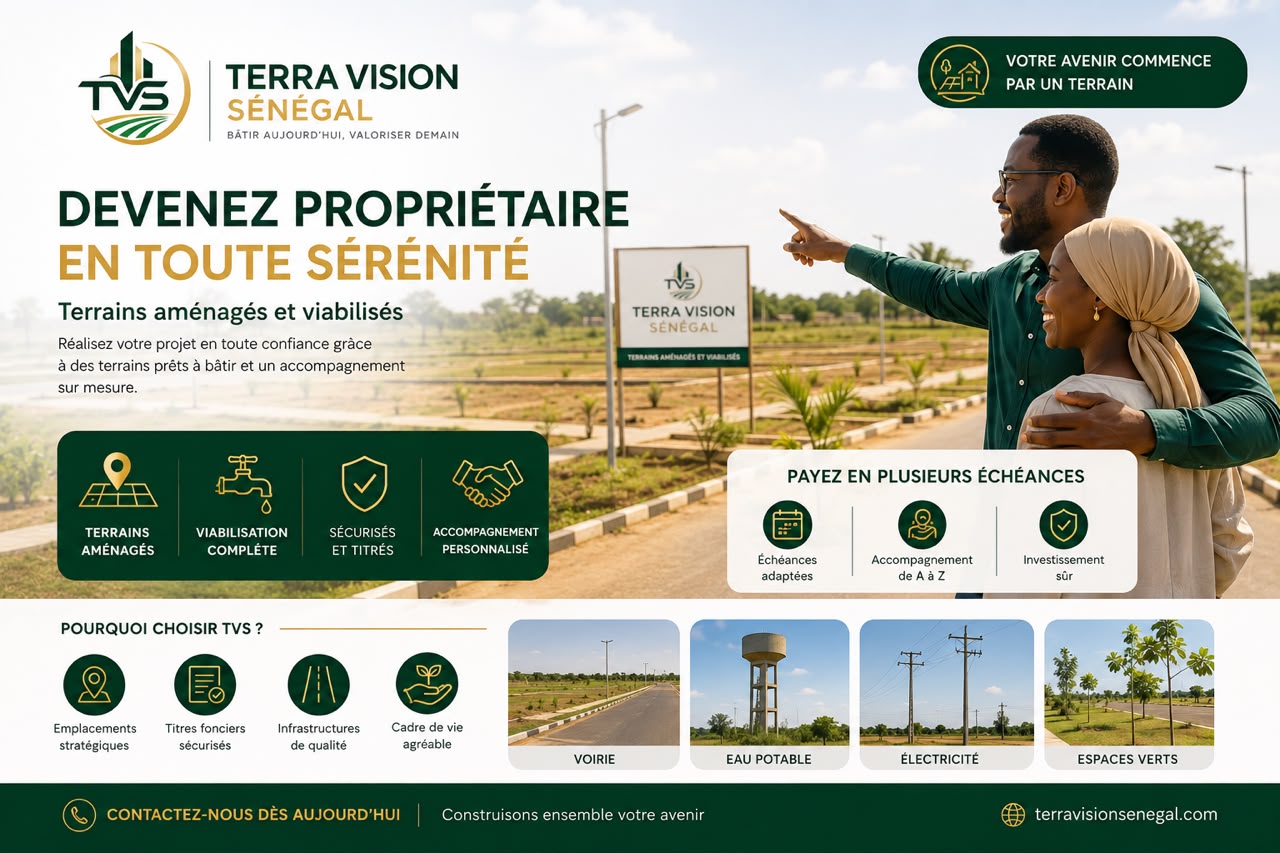 Voirie, château d'eau, réseau électrique et espaces verts d'un lotissement viabilisé par Terra Vision Sénégal